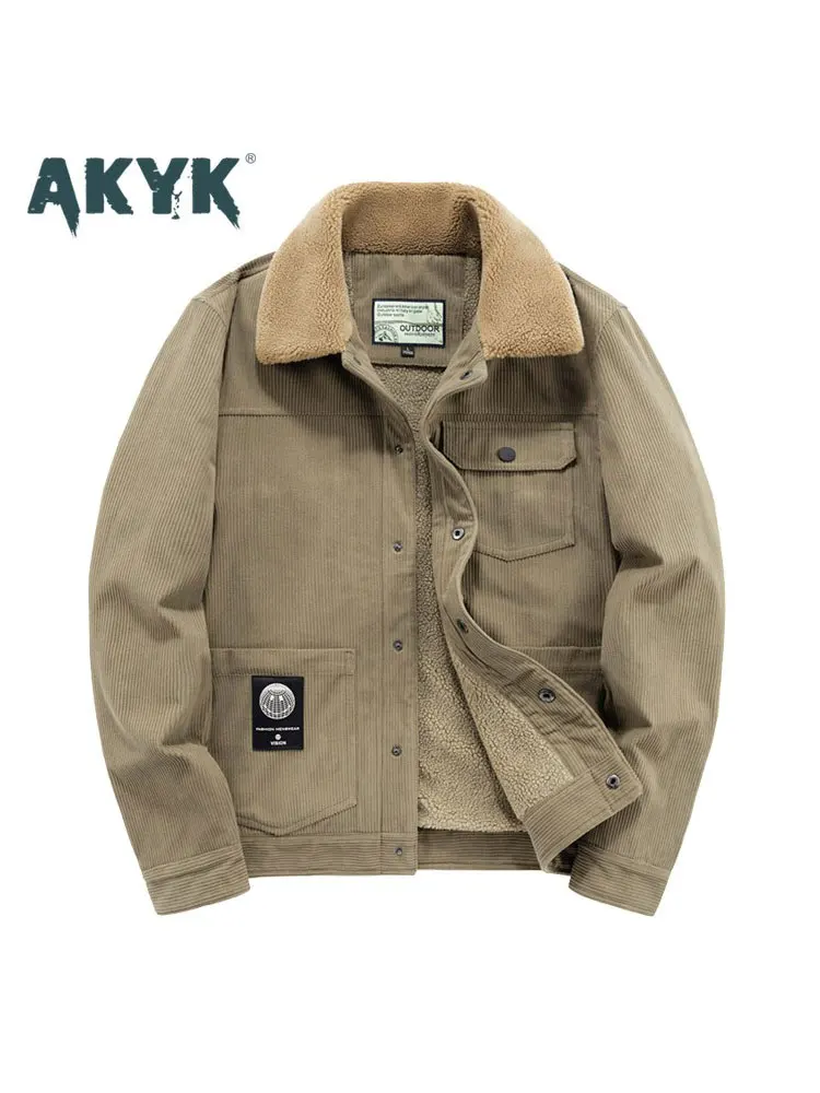 

AK Thiened Corduroy Men's Winter Jaet Lamb Fur Lined Workwear Coat Large Size Casual Faion Urban Sle Button Closure