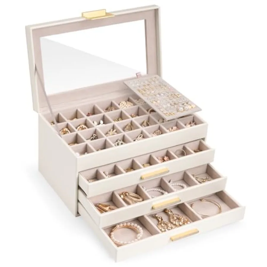 Earring Storage Box Case with Glass Top, Large Earring Jewelry Holder Organizer Display with Drawer and Grid, Gift for Girls Wo