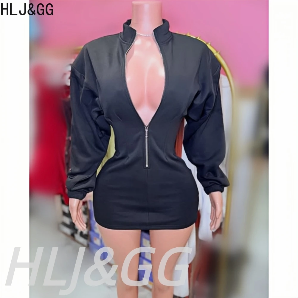 

HLJ&GG American Fashion Hot Girl Stand Collar Zipper Bodycon Mini Dresses Women Long Sleeve Slim Vestidos Spring New Streetwear