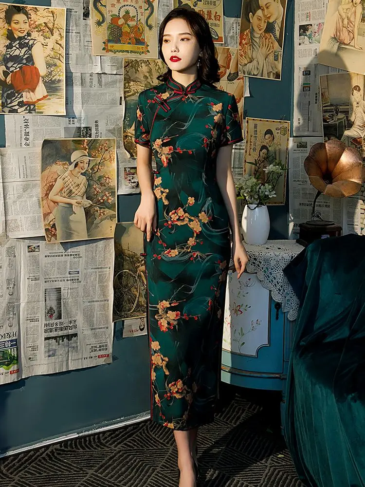 2022 Spring New Green Elegant Retro Women Chinese Traditional Dress Qipao Printing Cheongsam Long Qi Pao Dresses Size 4XL