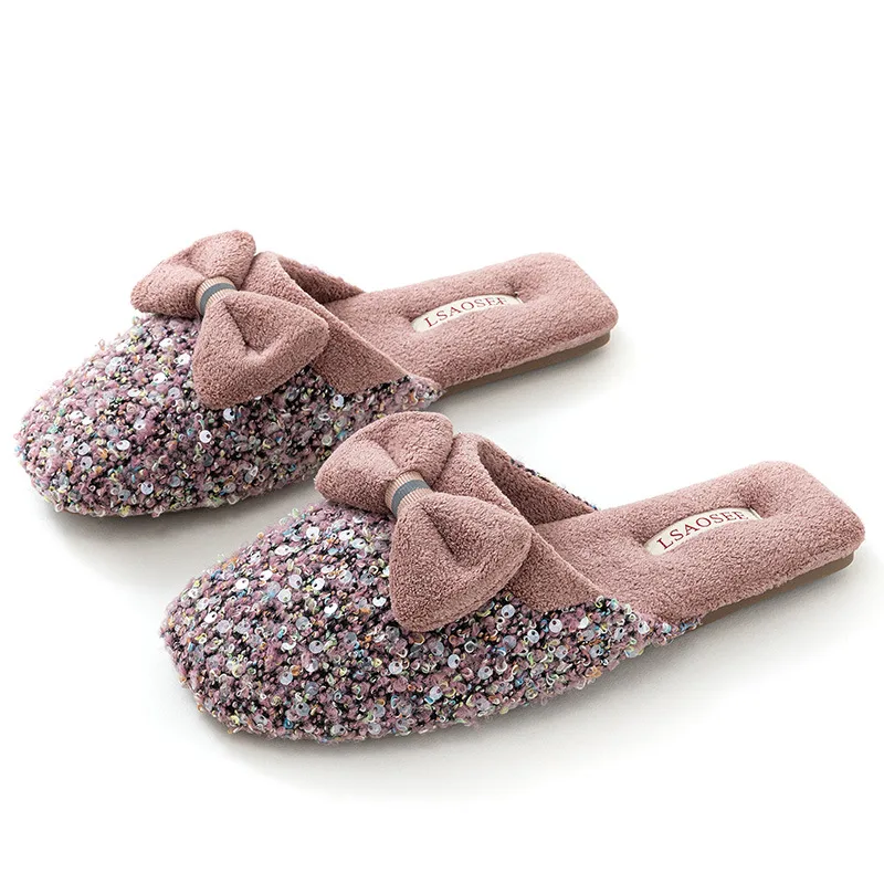 

Хлопковые тапочки iny с блестками и узлом, женские осенне-зимние домашние нескользящие теплые домашние тапочки...