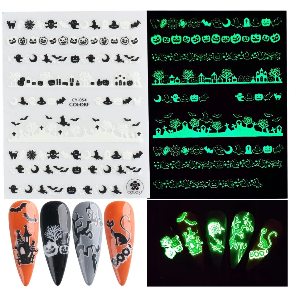 1 foglio di adesivi luminosi per unghie per la decorazione della festa di Halloween teschio orribile 3D autoadesivo incandescente al buio decalcomanie per Nail Art