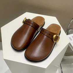 Maxdutti-Mules Rétro en Cuir de Vache pour Femme, Chaussures Plates Faites à la Main, Décontractées