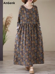Cotton Vintage Print Floral Long Sleeve Dress Women 2025 Spring Autumn Casual Loose Dresses Femme Robe Vestidos Fashion Clothing
