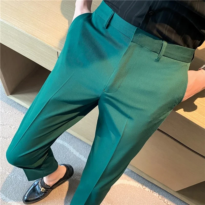 British Style Solid High Waist Trousers Men Formal Trousers High Quality Slim Fit Business Casual Suit Pants Groom Wedding Dress