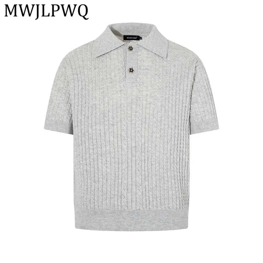

MWJLPWQ Vibe Модная однотонная вязаная рубашка с короткими рукавами для мужчин, летние свободные повседневные топы с отложным воротником в рубчик Ins 14086