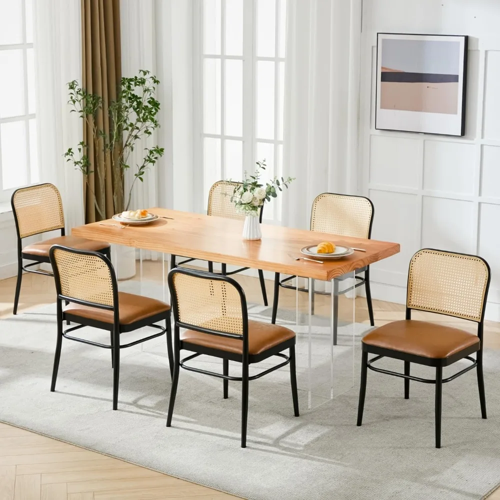 مجموعة كراسي تناول الطعام المصنوعة من الجلد الصناعي المنجد الحديث لمنتصف القرن مكونة من 4 قطع، تصميم خلفي قصب للمطبخ وغرفة الطعام