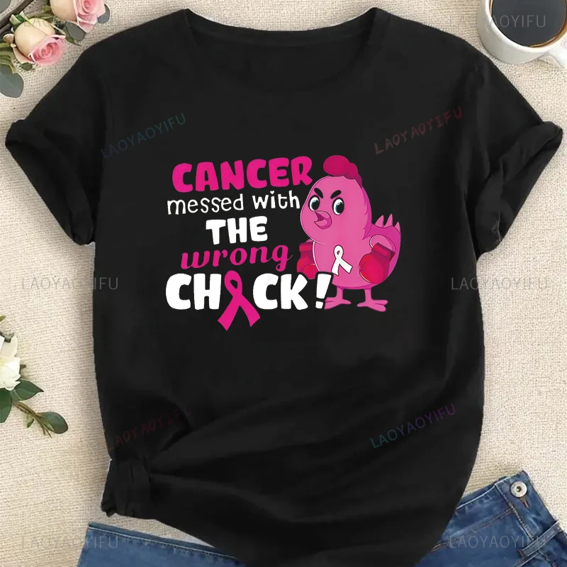 Funny Breast Cancer Cancer Messed with Wrong Chick Printing T-Shirt Summer Cotton Short Sleeved Top Fashion Women's Pink T-shirt