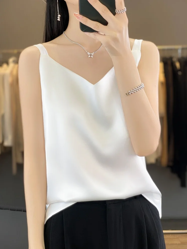 Silk Blouse Women's Summer Outwear Sleeveless Top Trendy 2026 New Arrival Base Layer Shirt for Suit Transparent Thin Strap Vest