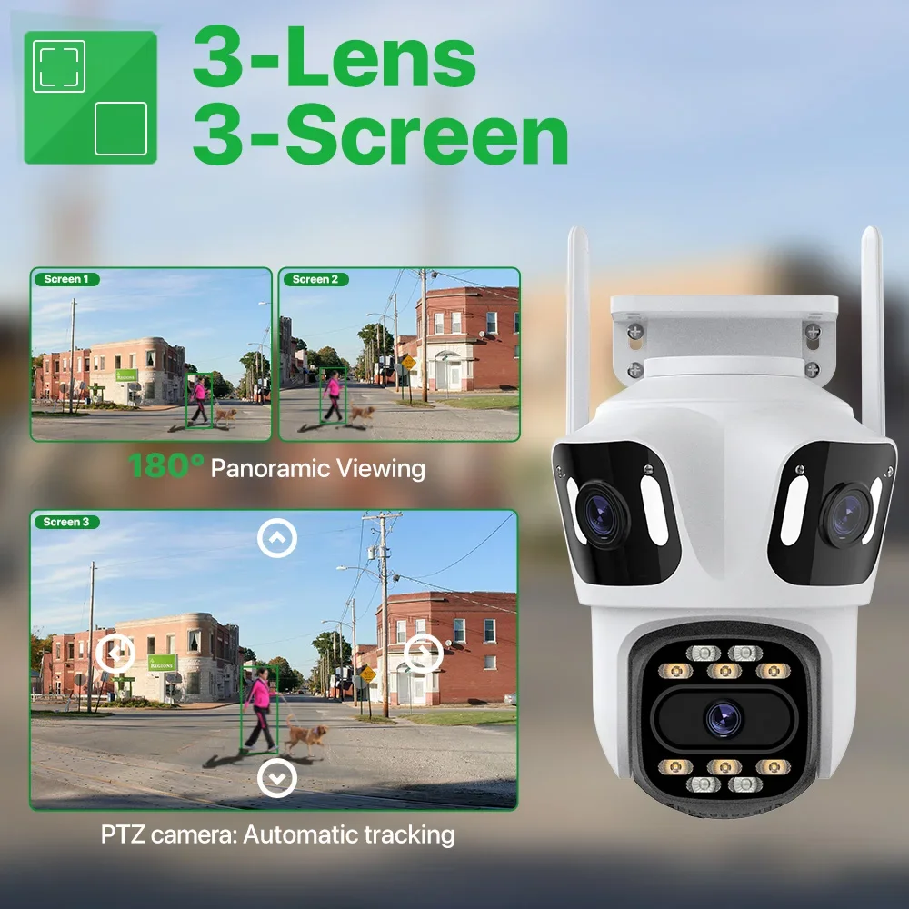 IP-Kamera 8MP HD Externe WiFi-Kamera mit drei Bildschirmen für den Außenbereich 4K Dual Lens Auto Tracking Sicherheit PTZ Cam Videoüberwachung iCsee