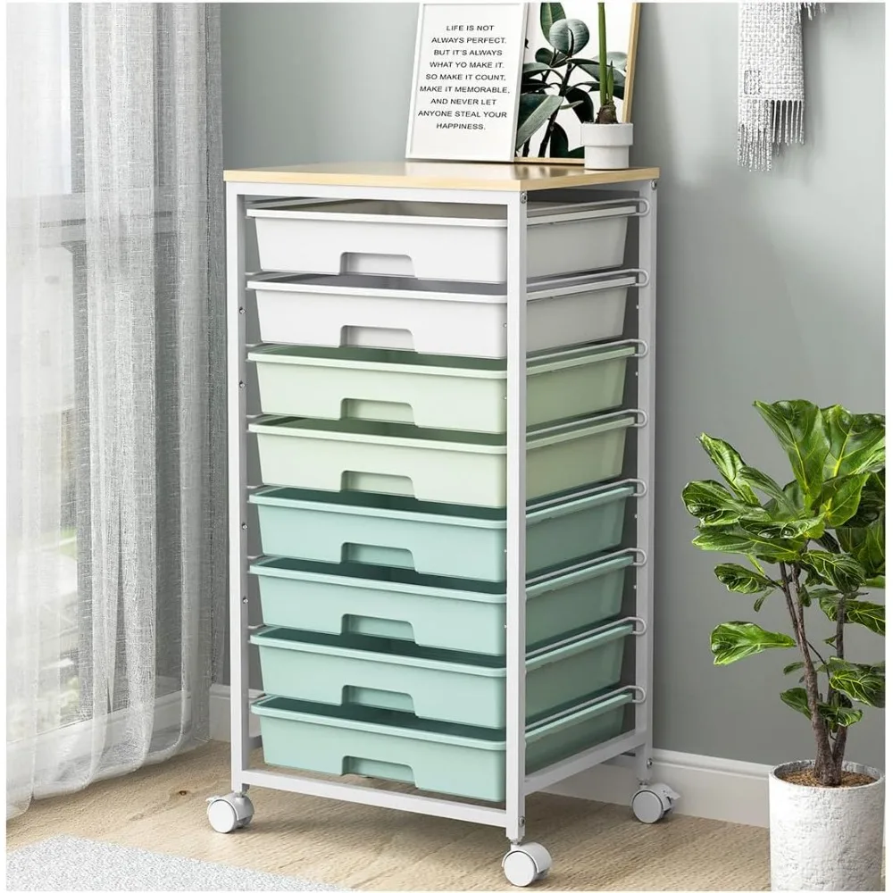 8-Drawer Rolling Storage Cart with Wooden Tabletop for Home, Office, and Classroom Organization