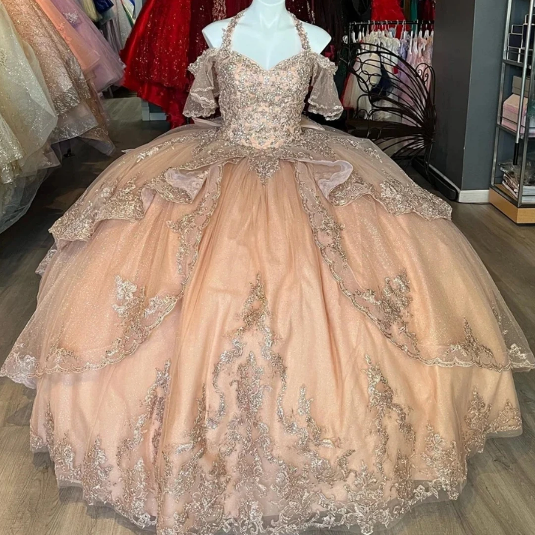 Real Picture Princess Quinceanera Dresses 16 Year Girls Short Sleeve Lace Applique Vestido De 15 Anos Pageant Prom Party Gown