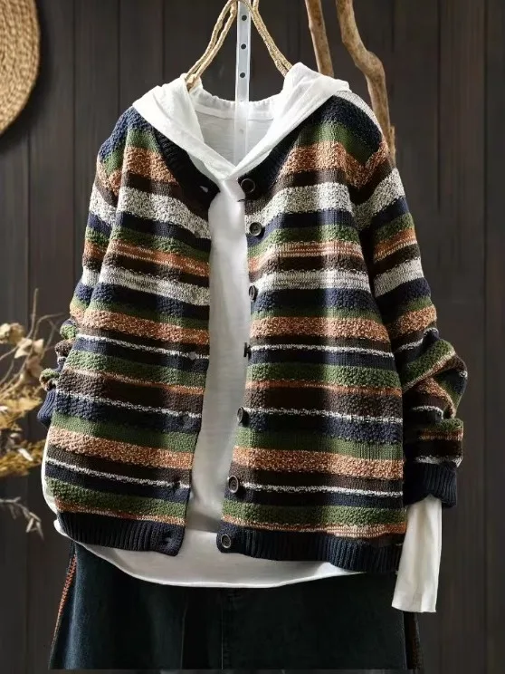 

Осенне-зимний повседневный полосатый кардиган из хлопкового трикотажа с цветовыми блоками, универсальный женский свитер-жакет больших размеров с эффектом омоложения