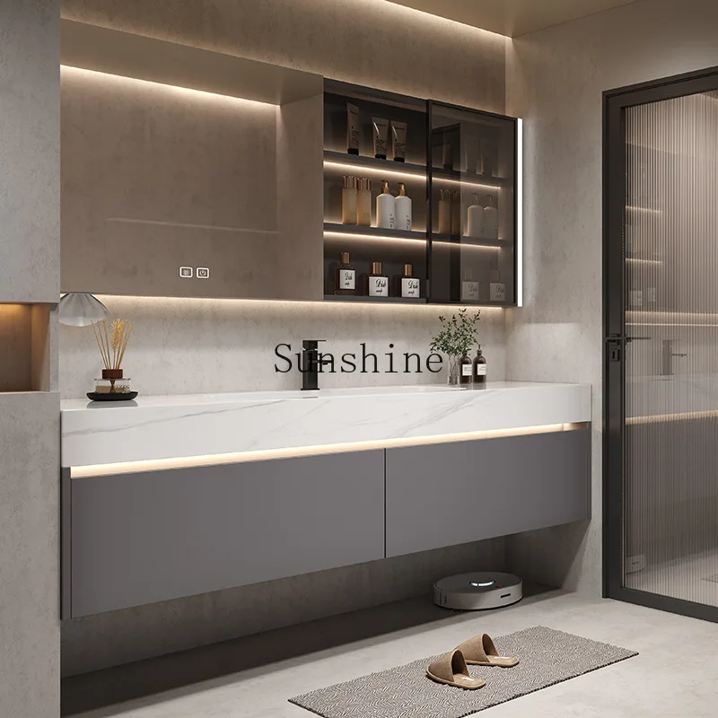 

Household modern minimalist rock slab seamless integrated basin light luxury bathroom cabinet dresser, combination