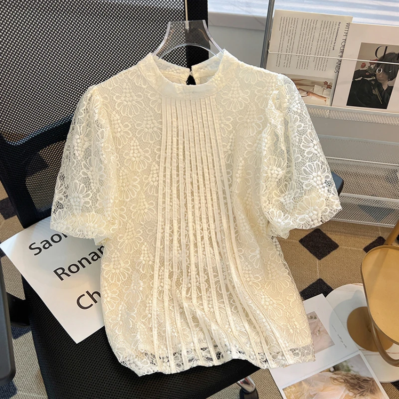 2024 Summer Lantern Short Sleeve Lace Shirts Women Korean Chic Stand Collar Blusas Mujer Pleated Blouses Tops Sweet Moda Camisas