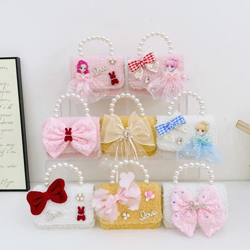 لؤلؤة مقبض الفتيات لطيف الأميرة أفخم حقائب الكتف الحلو القوس الأطفال مربع حقيبة ساعي الشتاء سلسلة محفظة حقائب اليد هدية