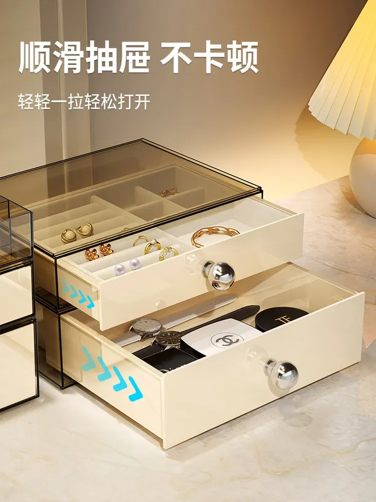 Large Luxury Clear Acrylic Jewelry Box with 2 Drawers, Velvet Lined Stackable Jewelry Organizer for Vanity Cosmetics Women Gift