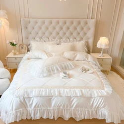 White Princess Wedding Bedding Sets Luxury Chiffon Lace Ruffle Duvet Cover Bedspread Bed Skirt Pillowcases Solid Home Textile