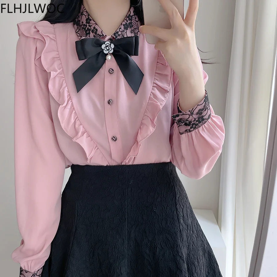 

2024 Autumn Spring Women's Cute Ribbon Bow Tie Tops Preppy Style Vintage Japan Korea Design Button Elegant Formal Shirts Blouses