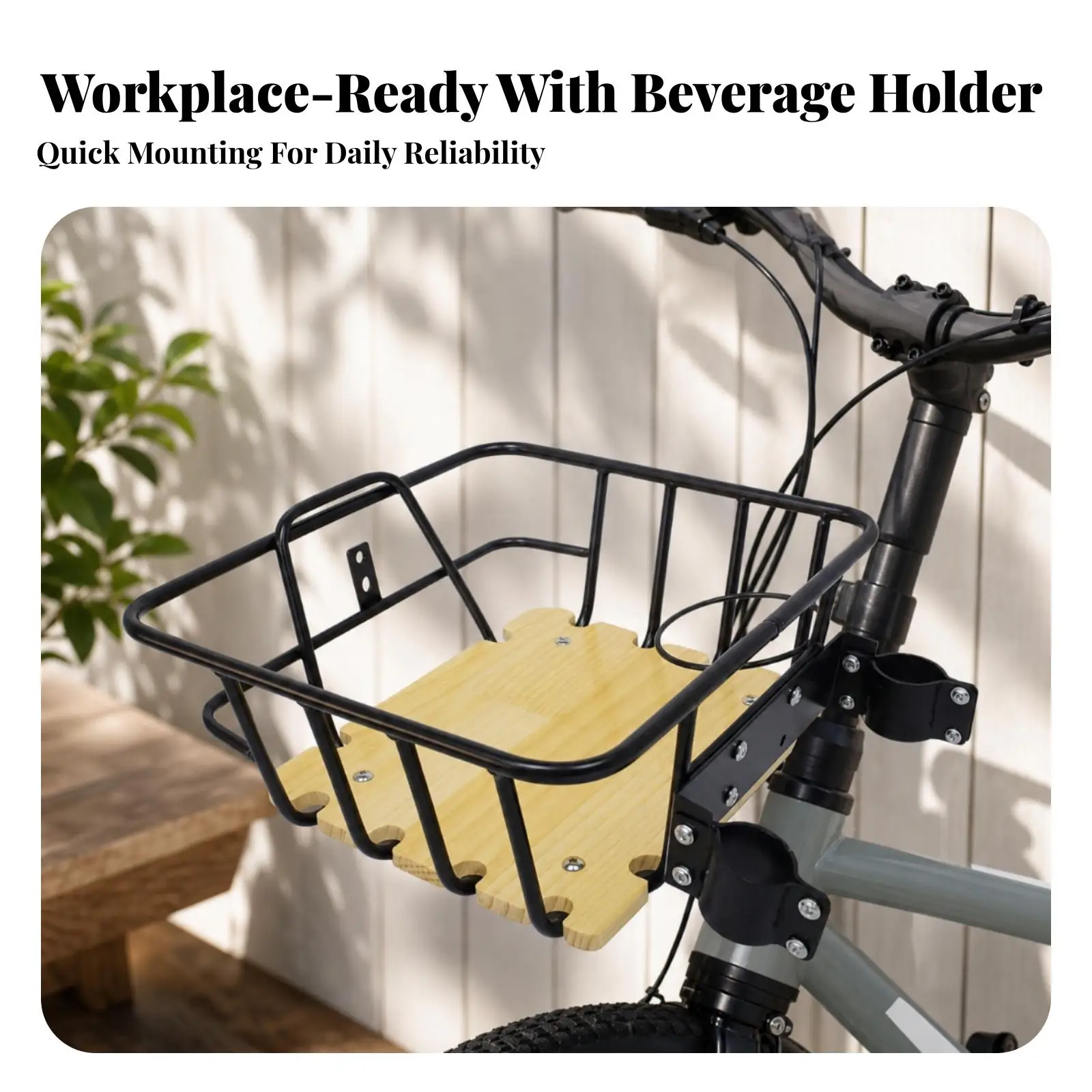 Metal Bike Basket with Wood Bottom and Drink Holder for Electric Bicycle Front Mount