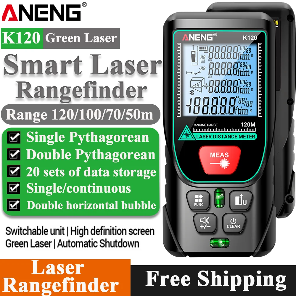 

Лазерный дальномер ANENG K120/K50/K70/K100 для измерения объема/площади, точность измерения ±3 мм, хранение 20 наборов данных, диастиметр.