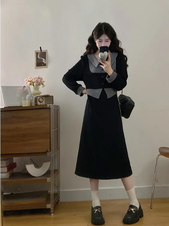 

Женское платье больших размеров в стиле пэчворк с цветовыми блоками, имитация двух частей, осенне-зимнее, с завышенной талией, А-силуэт, длинное, приталенное, C...