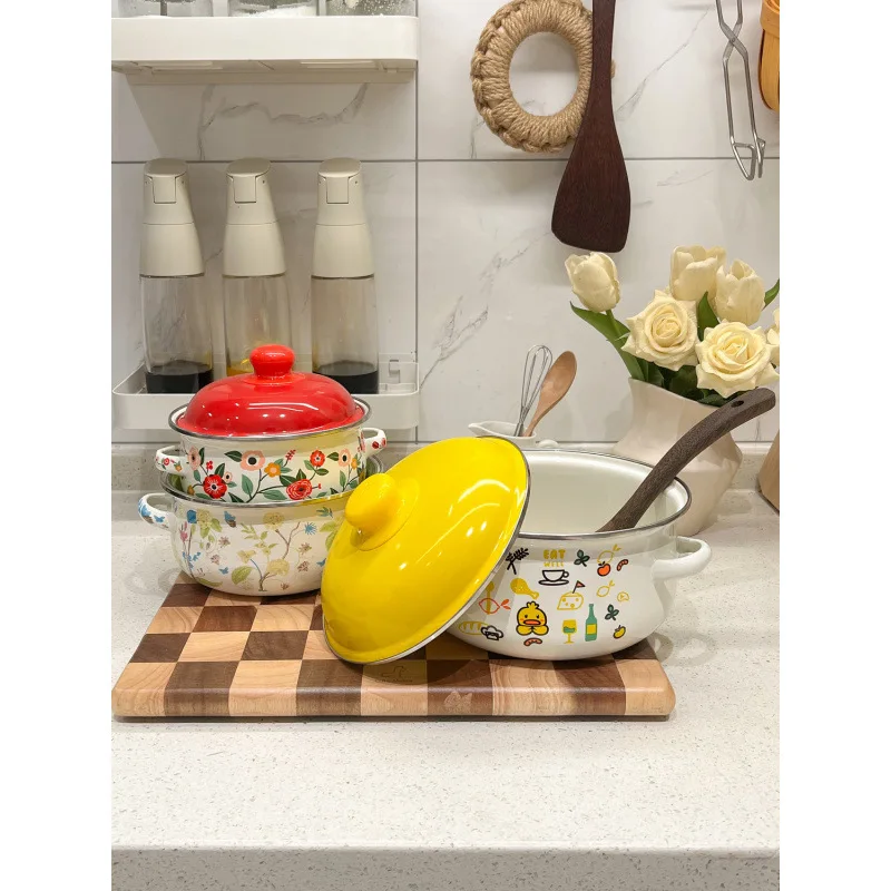 

Enamel Saucepan Thickened Lovely Enamel Household Cookware Soup Pot Cooking Noodles Cereal Hot Milk Baby Supplement Pots