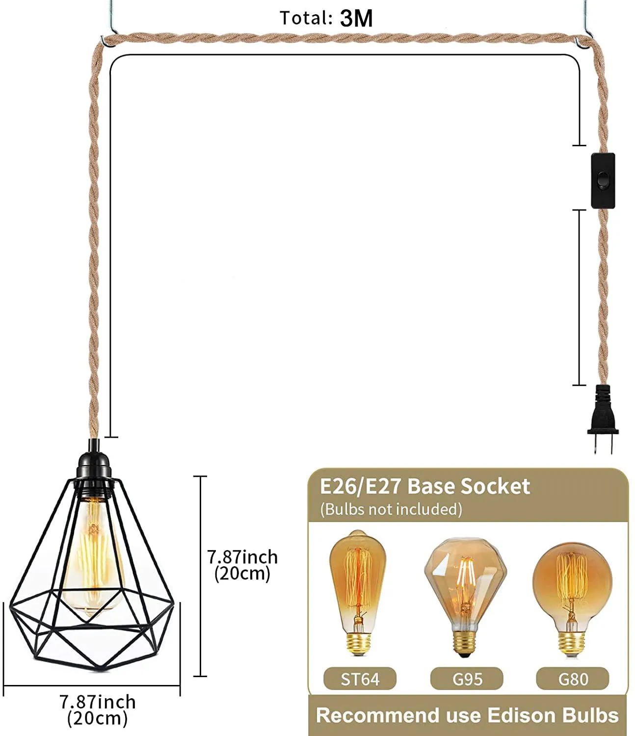 2M 3M 4.5M Power Cord Pendant Light Twisted Hemp Rope Cable Cages E26 E27 Lamp Holder EU Plug with Switch Edison Bulb Socket