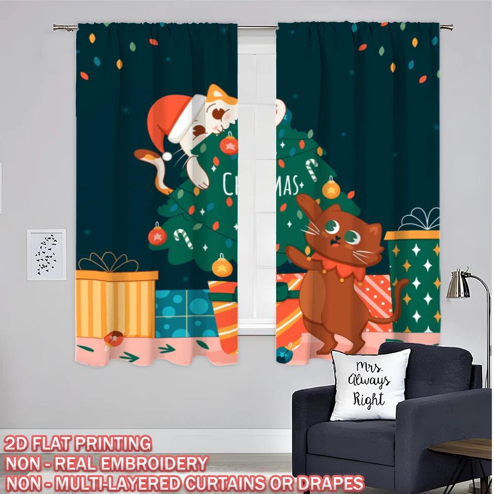Christmas Flat Printing Curtain with Christmas Trees Gift Box Cat Decorative Ball For Christmas Home  Door Windows Decor Party