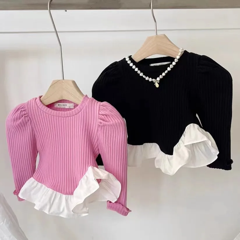 Girls' Shirt Autumn Spring Girls' and Children's Cotton Elastic Pit Patterned Ruffle Edge Base T-shirt Baby Long Sleeved Top