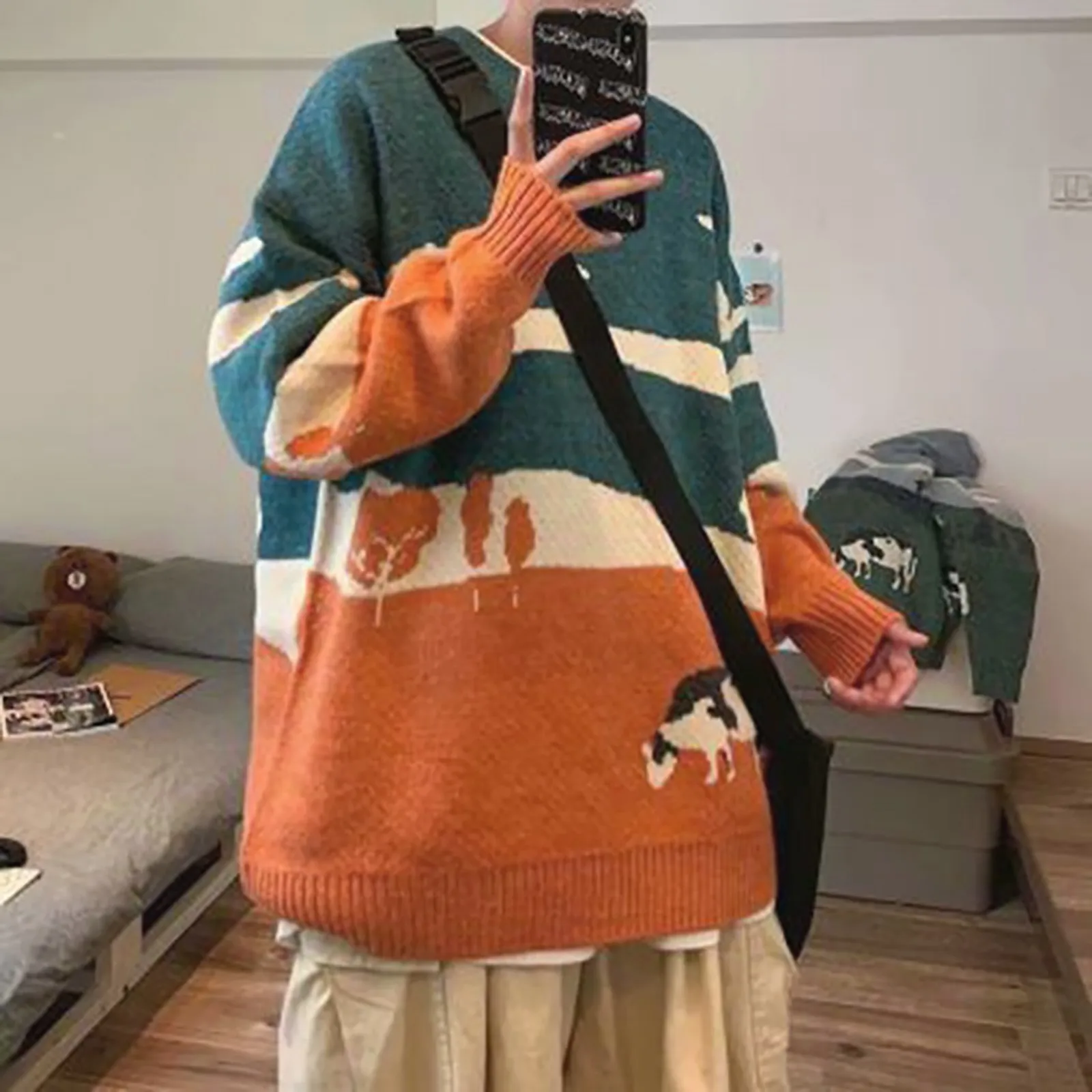 Men Hip Hop Pullovers Streetwear Harajuku Sweater Vintage Snow Mountain Knitted Sweater Winter Casual Pullover Knitwear Oversize