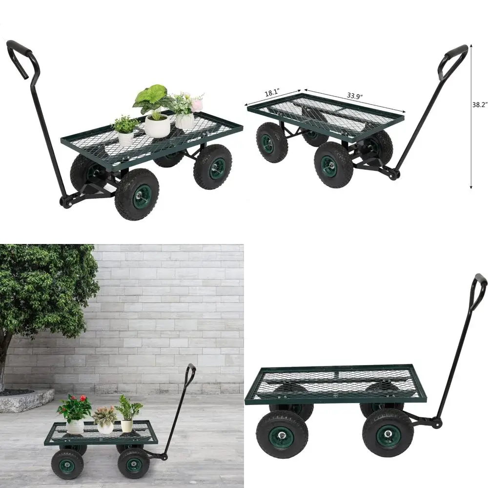 

Heavy-Duty Metal Garden Cart with 10 Inch Air Tires for Outdoor Farm Yard Cargo Transport (Green)