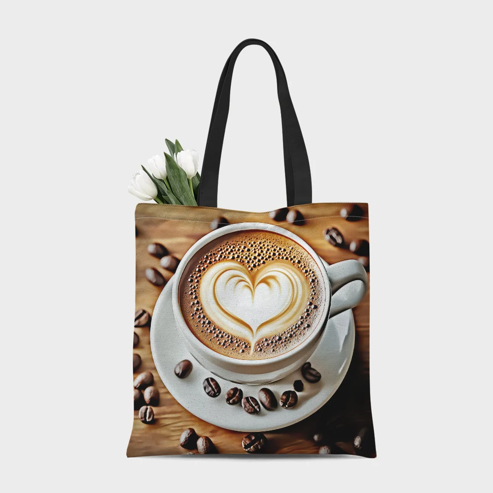 1Pc Brown Coffee Lovers Tote Bag Roasted Beans And Cups Reusable Multipurpose Handbag Shopping Bag For Coffee Lover