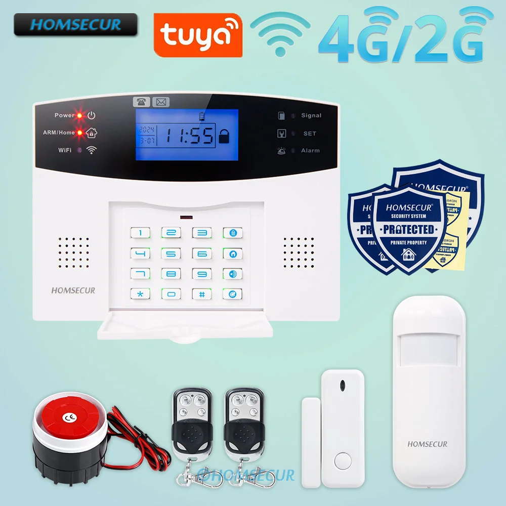 HOMSECUR TUYA APP Controlled Wireless &Wired WIFI 4G GSM SMS Autodial Burglar Alarm Home Security System 433MHz PIR Door Sensor