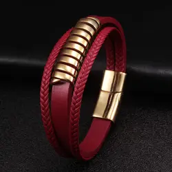 New Fashion Red Genuine Leather Men Women Bracelets Trendy Stainless Steel Chain Link Cuff Charm Bracelets Lucky Jewelry Gift