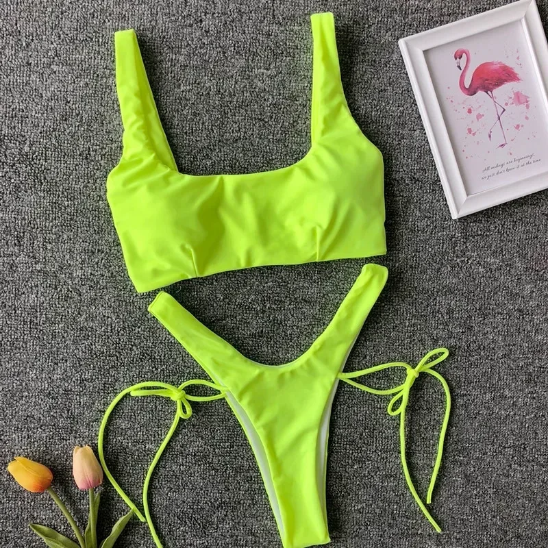 2025 Bikini de corte alto verde neón, Bikinis con Tanga para mujer, traje de baño brasileño para mujer, conjunto de Bikini de dos piezas, traje de baño para nadar