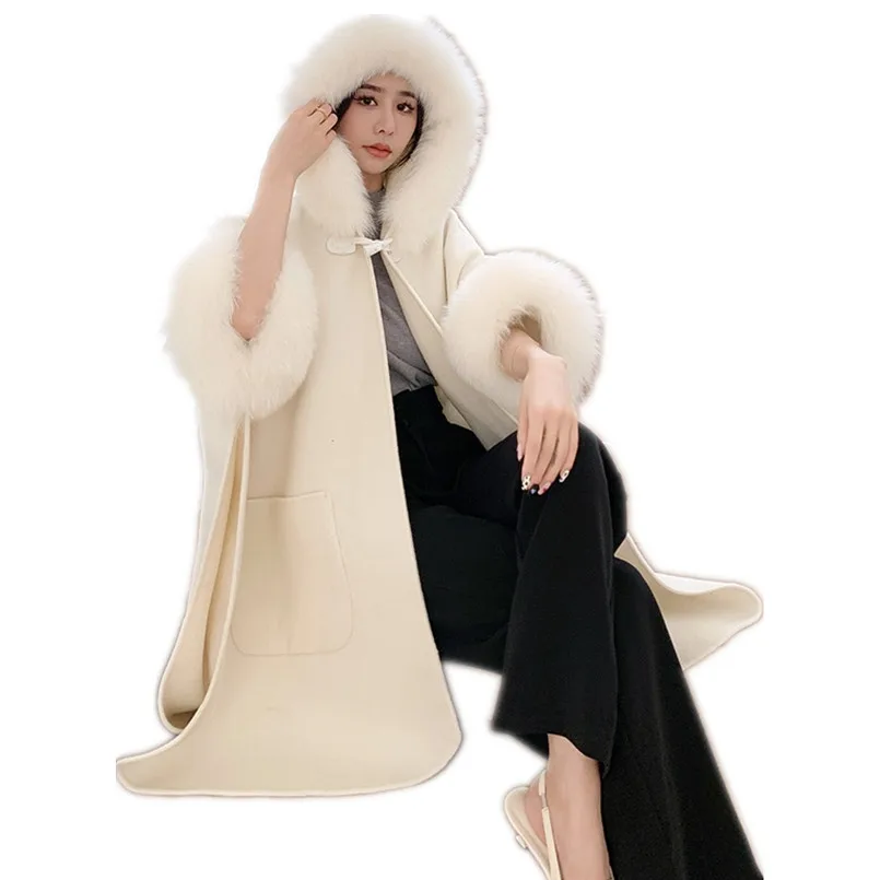 

New Poncho Cape Hood Real Wool Coat with Genuine Fox Fur Trim Women Autumn Winter Cloak Jacket