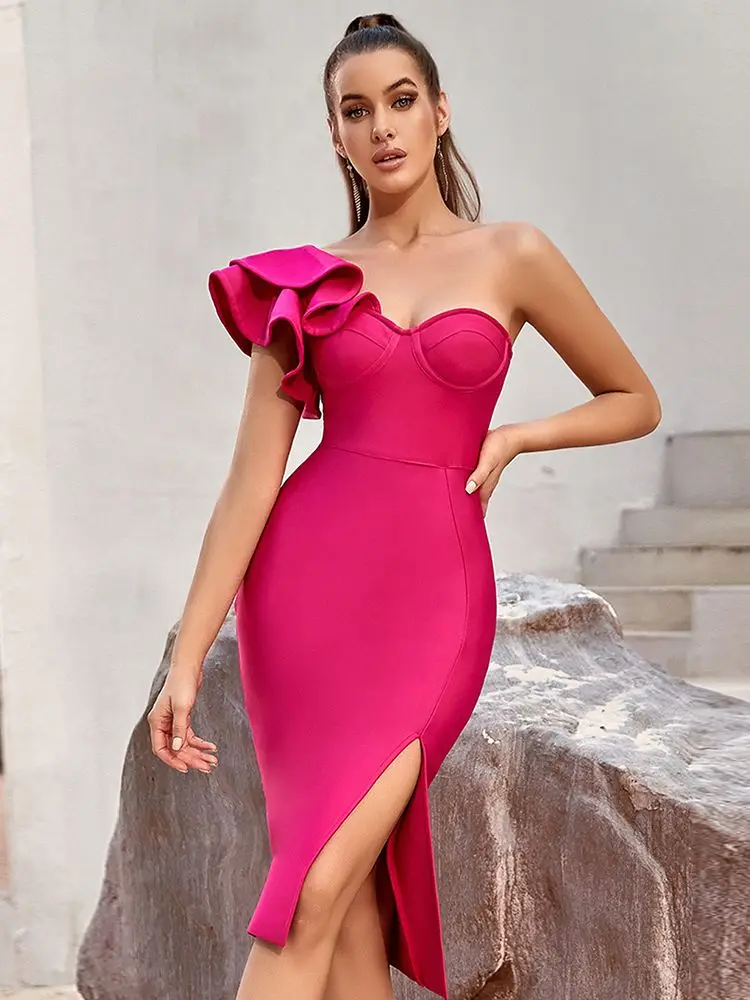 

Ailigou 2023 летнее новое женское сексуальное платье без рукавов на одно плечо Бандажное платье розовое красное с оборками элегантное женское платье средней длины Клубное вечернее платье