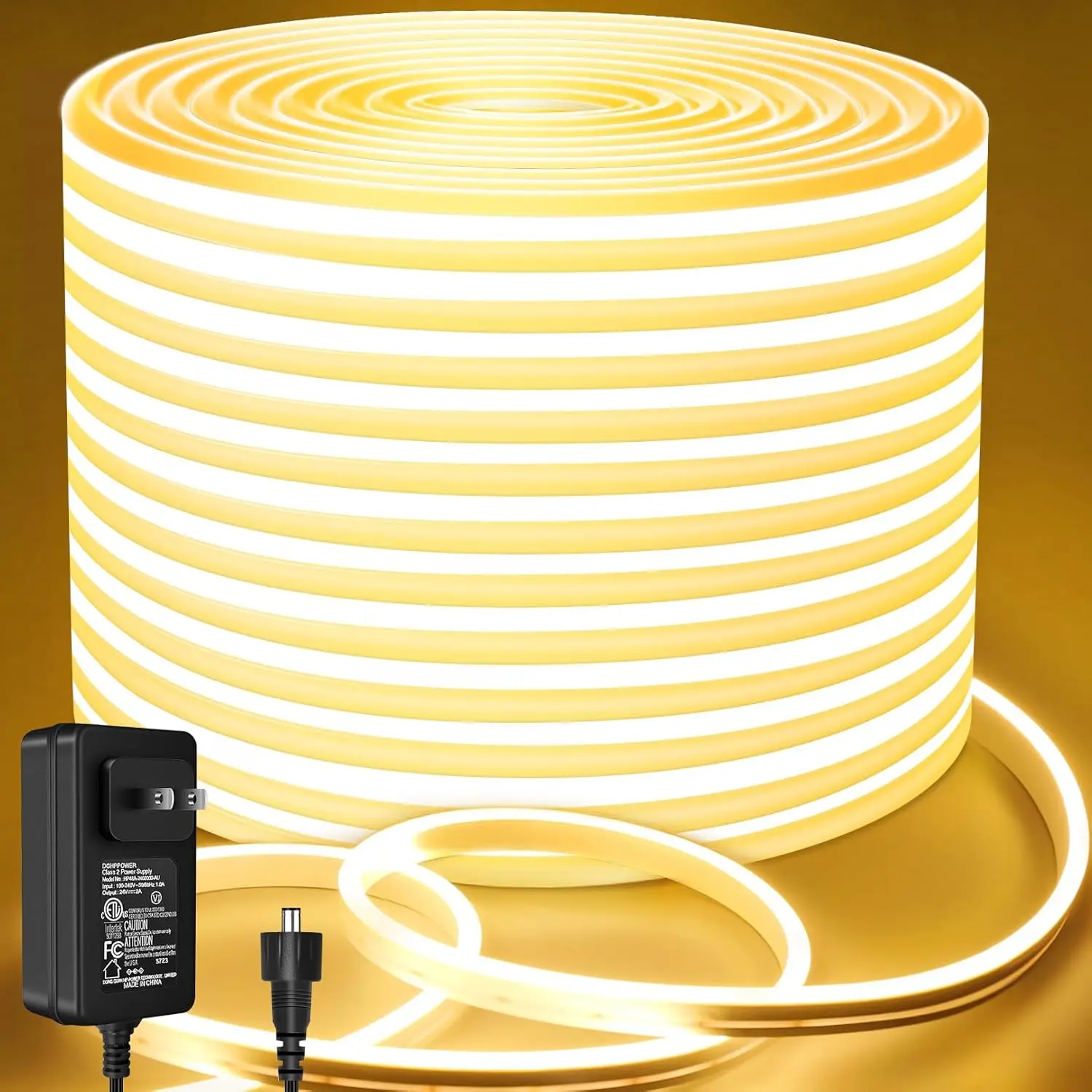65.6ft Waterproof Warm White LED Rope Lights, 24V Flexible Neon Strip for Home Decor