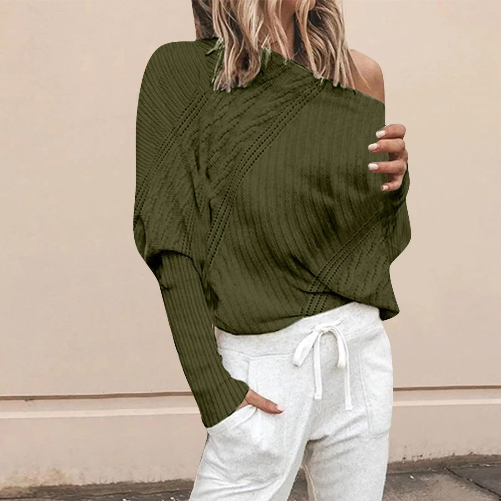 Dames Effen Kleur Pullover Trui Diagonale Schouder Off-The-Shoulder Mode Sexy Pullover Casual Warm All Match Trui