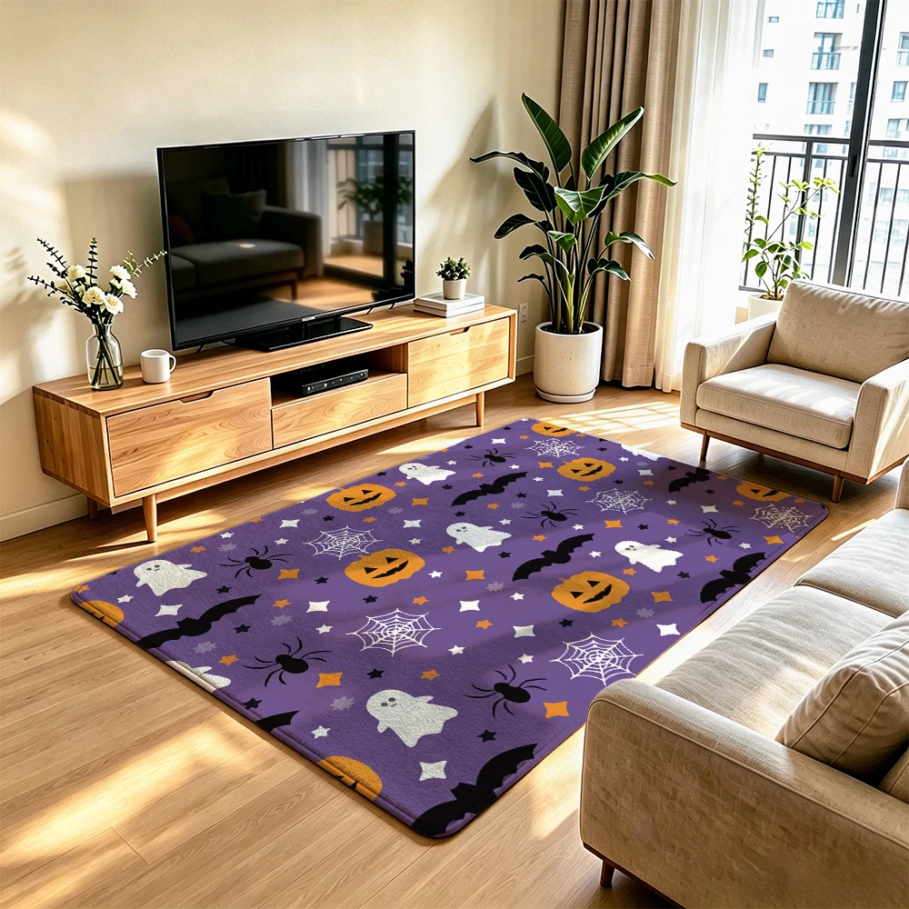 Halloween Pumpkin Ghost Bat Witch Felt Rug Living Room Spooky Non-Slip Floor Mat for Halloween Decor