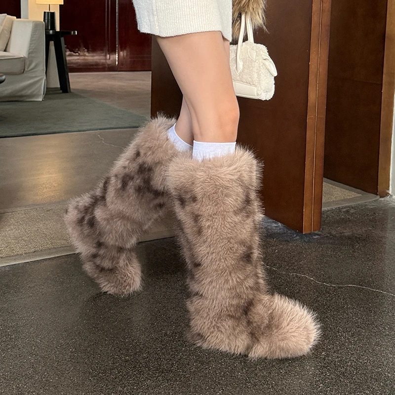 ZOOKERLIN 2025 Winter Snow Boots For Women Boots Fluffy Furry Fuzzy Faux Fur Boots Lace-up Middle Calf Platform Brown Ski Boots