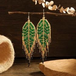 Beaded earrings  Hand woven  tassels  Retro  leaf  Simplicity  Bohemia  alloy  ma'am  Rice bead earrings