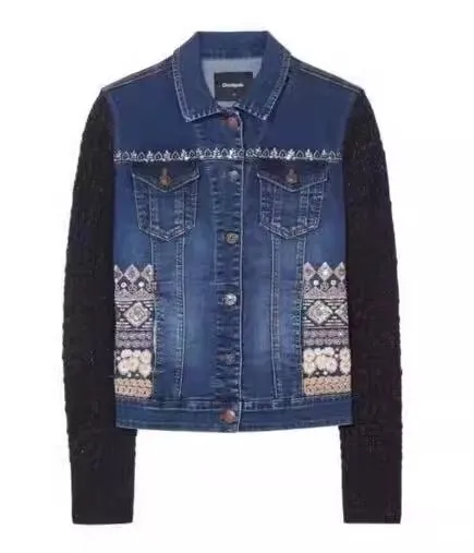 Spanish brand embroidered denim stitching wool sleeve jacket heavy industry