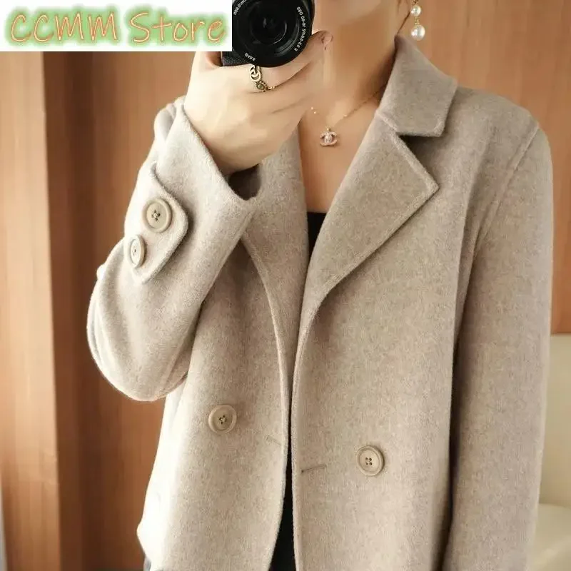 Double-Sided Wool Coat Women's Short High-End Casual Tweed Suit Jacket Blend Wool Coat Black Double Breasted Blazer Female