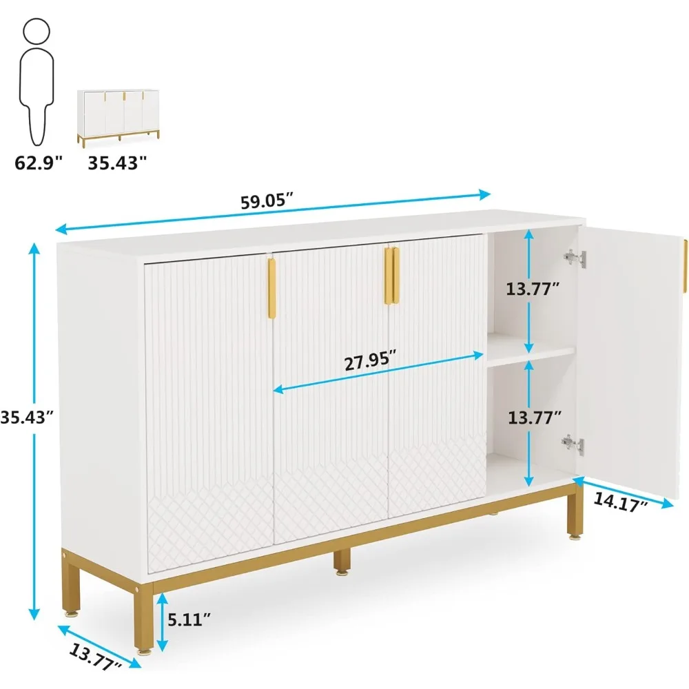 Luxury Buffet Cabinet with Storage, 59 Inch Kitchen Sideboard Cabinet with 4 Doors, Coffee Bar Cabinet Storage Cabine