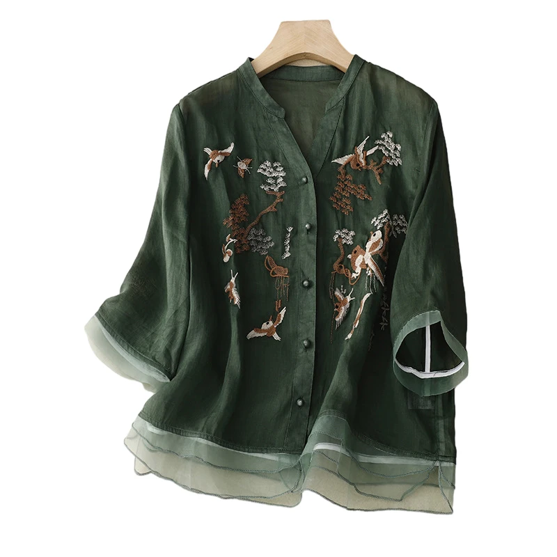 Chemises en lin de coton pour femmes, broderie d'arbre d'oiseau d'été, chemisiers de style chinois, haut à manches courtes, vêtements vintage, nouveau, 2023