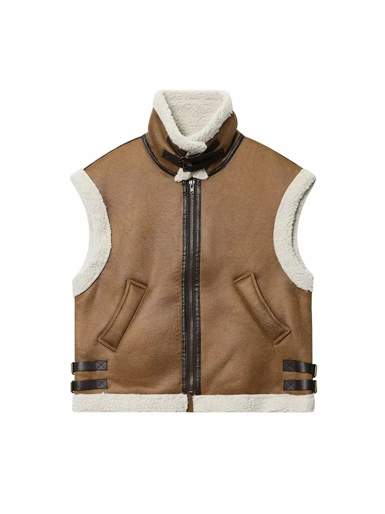 

Women 2025 Autumn New Loose Side Pocket Casual Warm Suede Leather Vest Coat Retro Sleeveless Zipper Women's Vest Chic Top