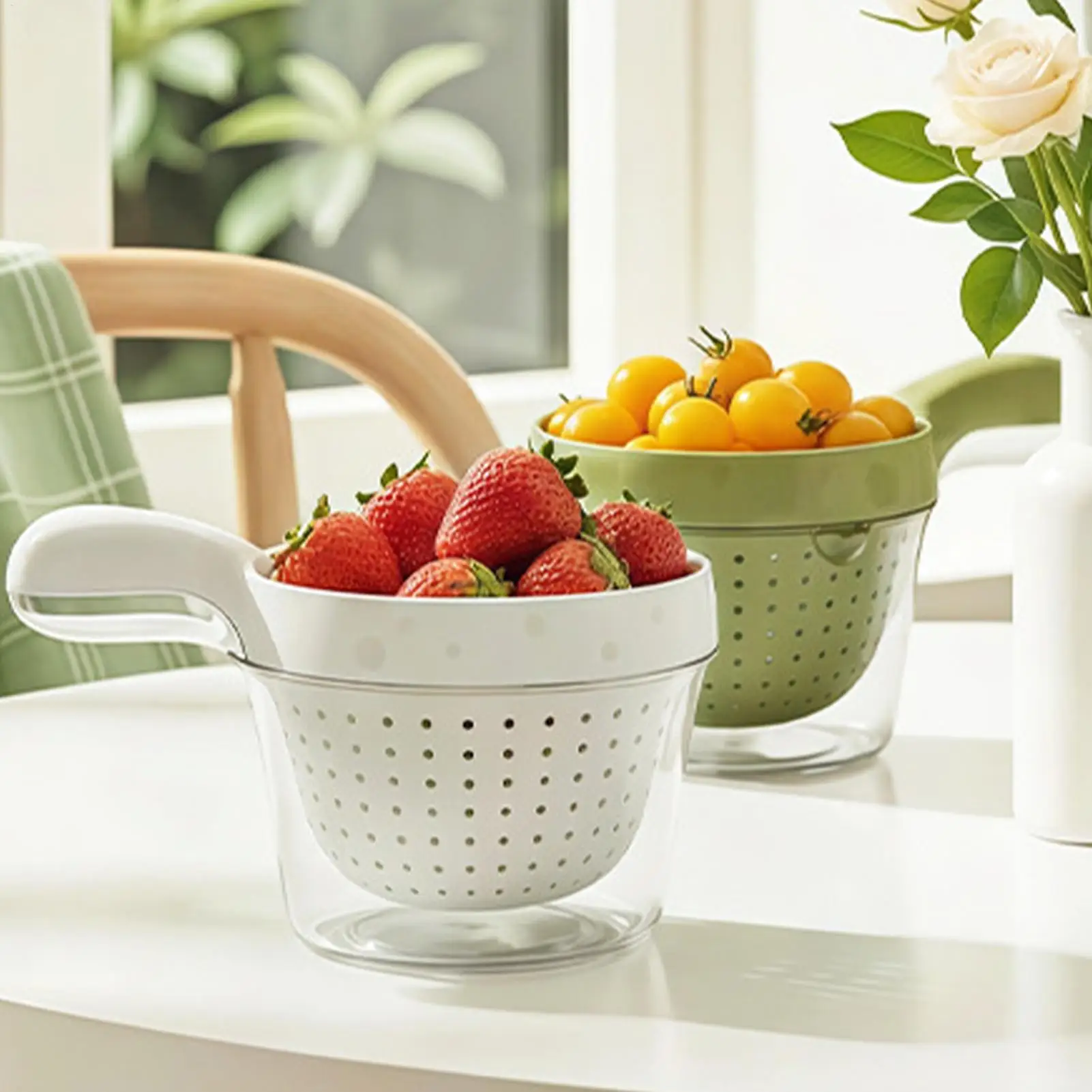 2-Layer Removable Basket Vegetable Colander Fruit Cleaner Bowl Fruit Washing Bowl With Drain Fruit Storage Container