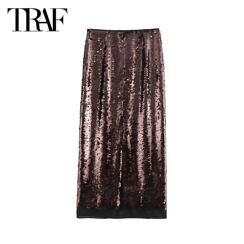 TRAF Midi Sequined Skirts 2024 Summer Autumn Women\'s Elegant Party Evenng Long Skirts Ladies Fashion Brown Skirts For Female